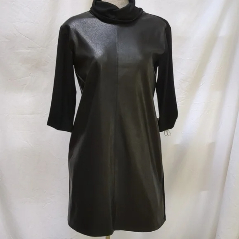 Melissa Nepton Black faux leather, cowl neck, 3/4 sleeve Dress size M
